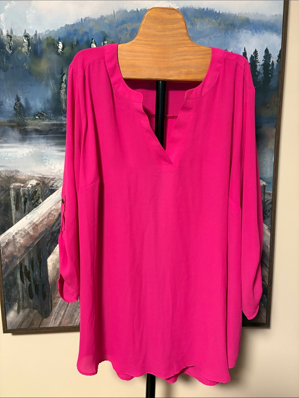 Chaus Fuchsia Split-Neck Long Sleeve Tunic